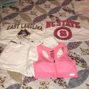 2 T-shirts and a pair of shorts with a sports bra